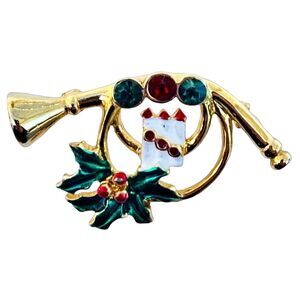 Vintage Gold Tone Christmas Trumpet Brooch Pin 2.5" Candles Holly Christmascore